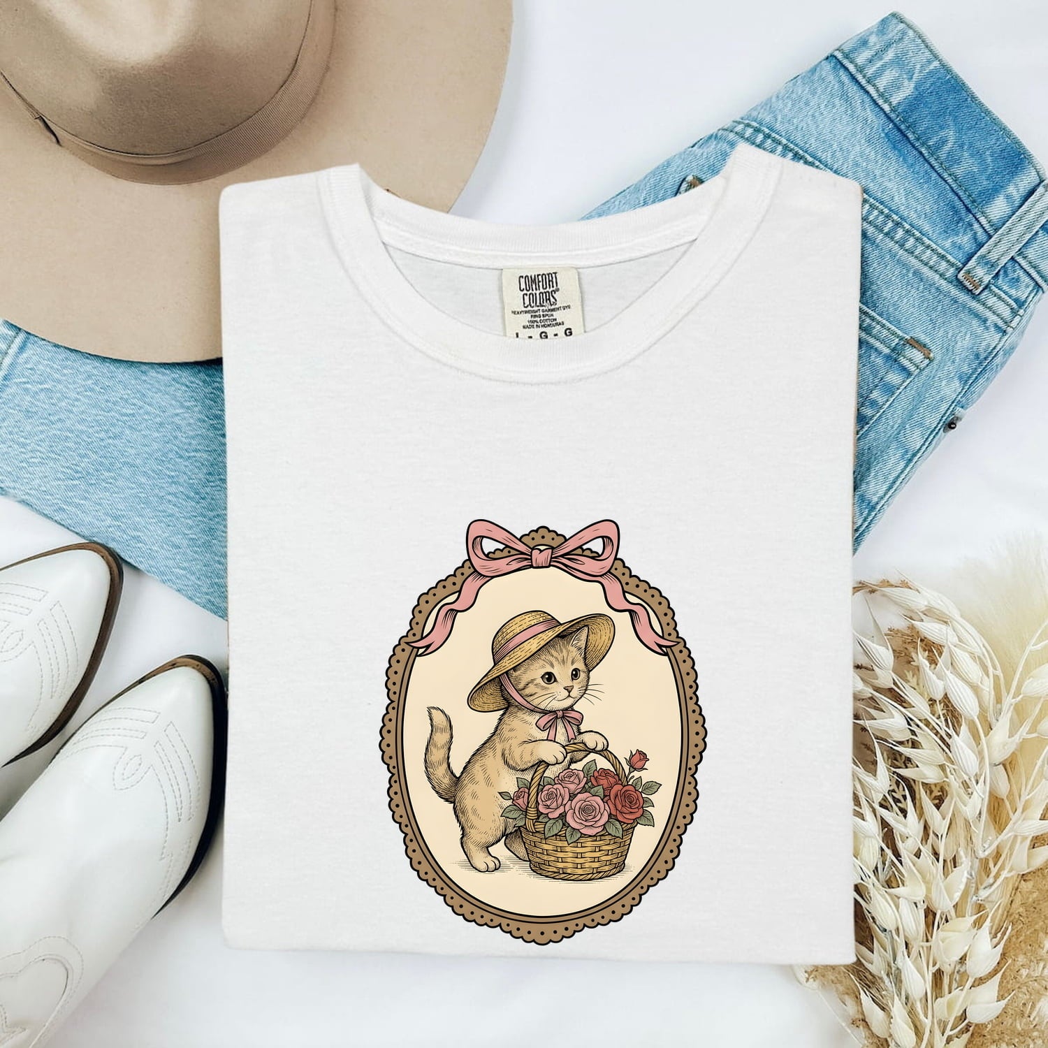 Kitten Basket Shirt for Women – Vintage Floral Line Art Roses Garden Cat Graphic Tee