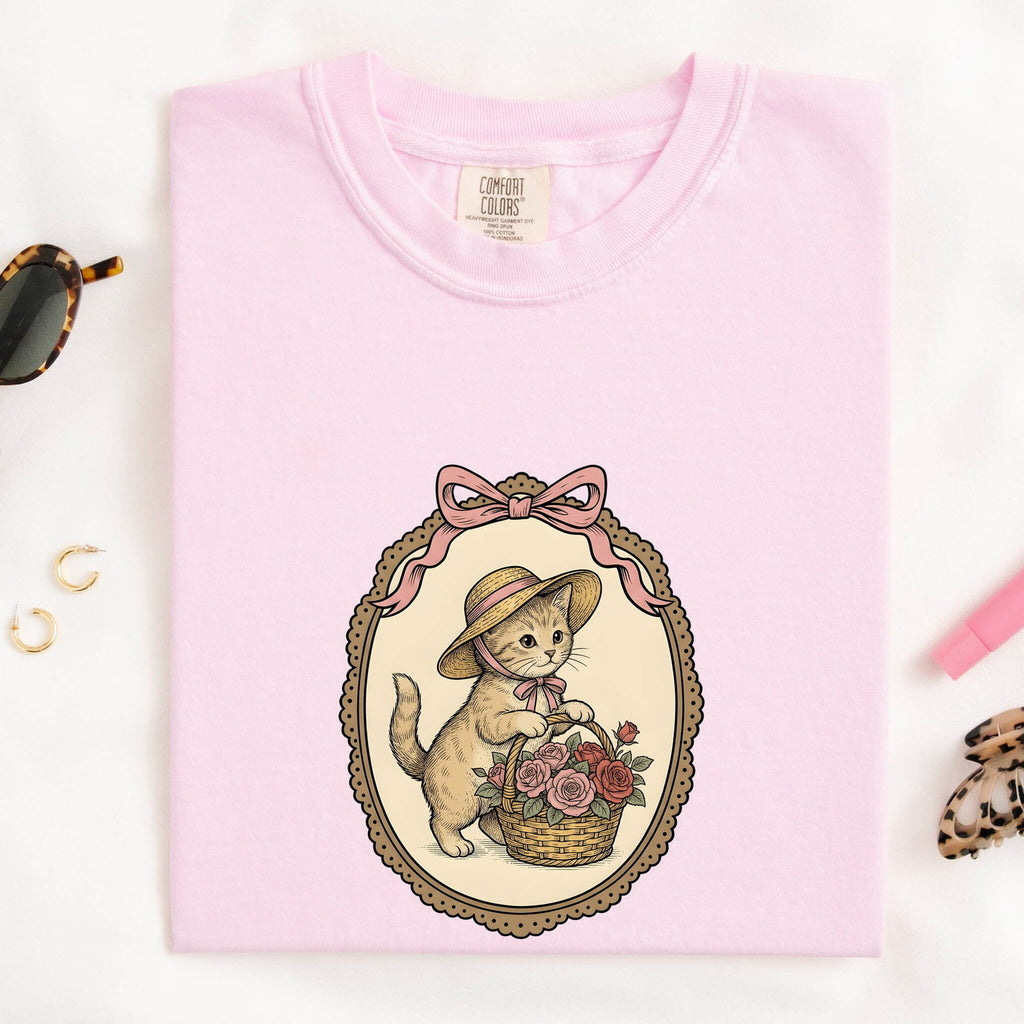 Kitten Basket Shirt for Women – Vintage Floral Line Art Roses Garden Cat Graphic Tee