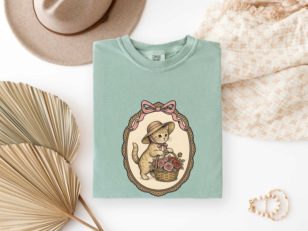 Kitten Basket Shirt for Women – Vintage Floral Line Art Roses Garden Cat Graphic Tee