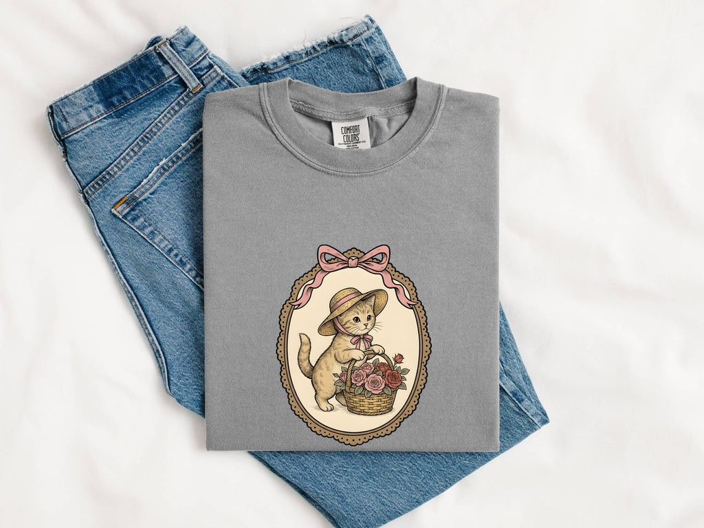 Kitten Basket Shirt for Women – Vintage Floral Line Art Roses Garden Cat Graphic Tee