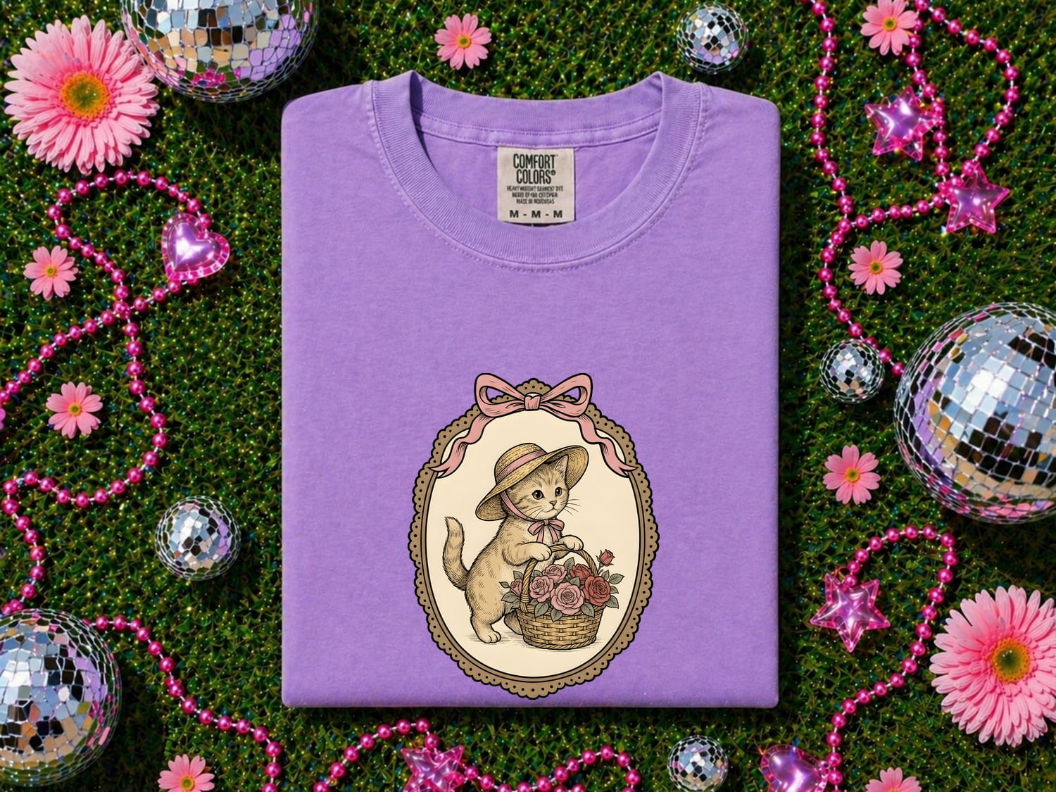 Kitten Basket Shirt for Women – Vintage Floral Line Art Roses Garden Cat Graphic Tee