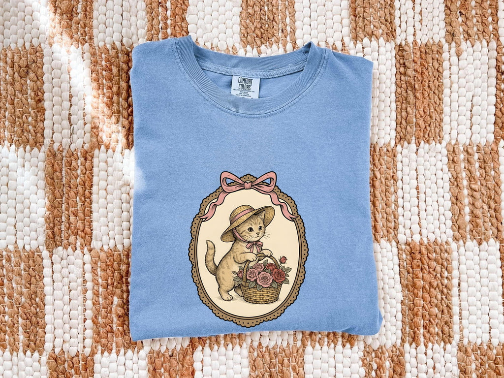 Kitten Basket Shirt for Women – Vintage Floral Line Art Roses Garden Cat Graphic Tee