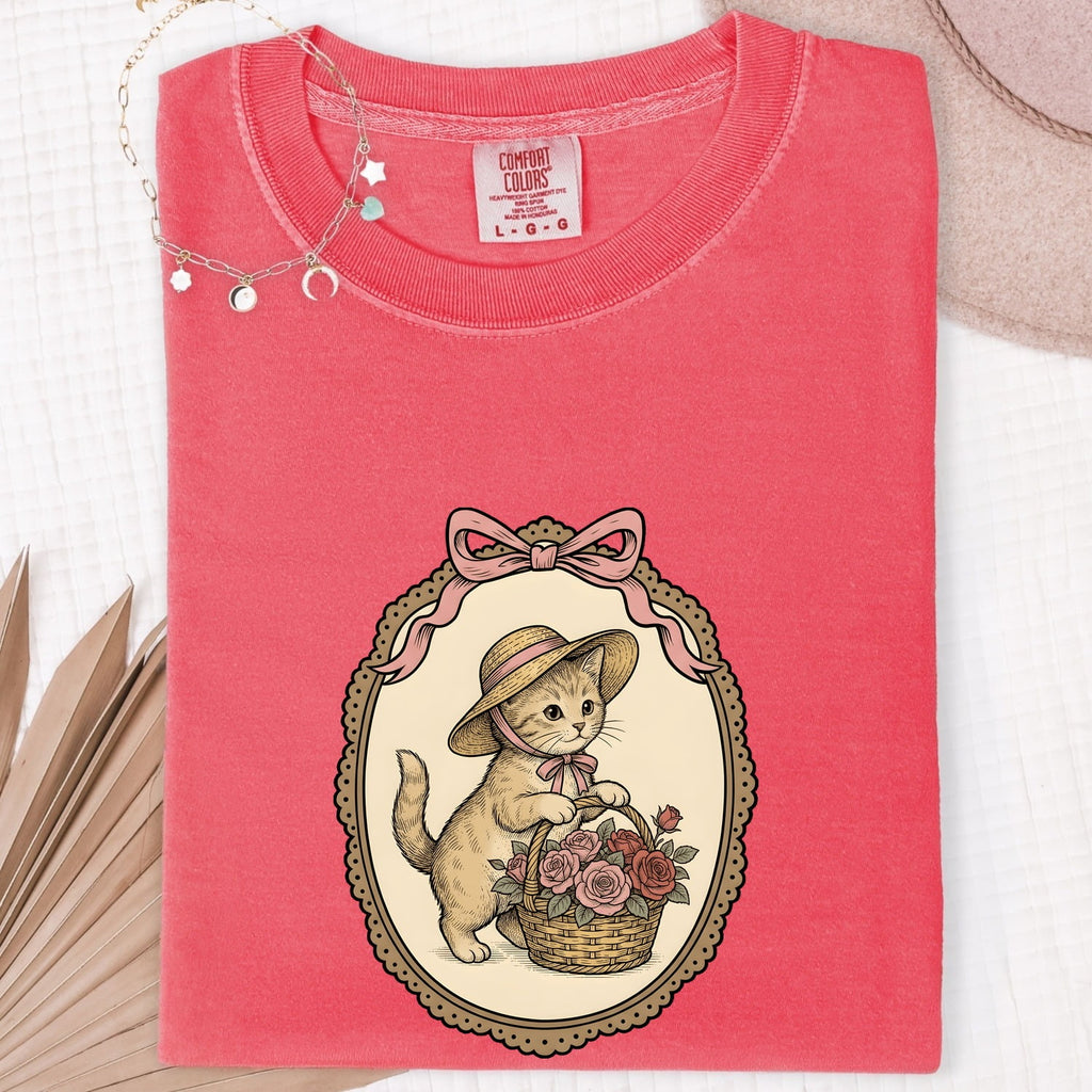Kitten Basket Shirt for Women – Vintage Floral Line Art Roses Garden Cat Graphic Tee