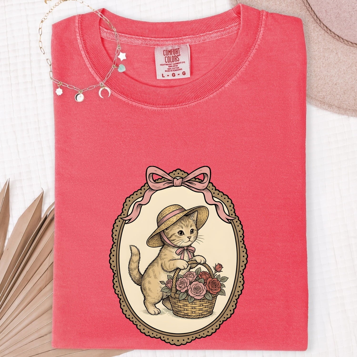 Kitten Basket Shirt for Women – Vintage Floral Line Art Roses Garden Cat Graphic Tee