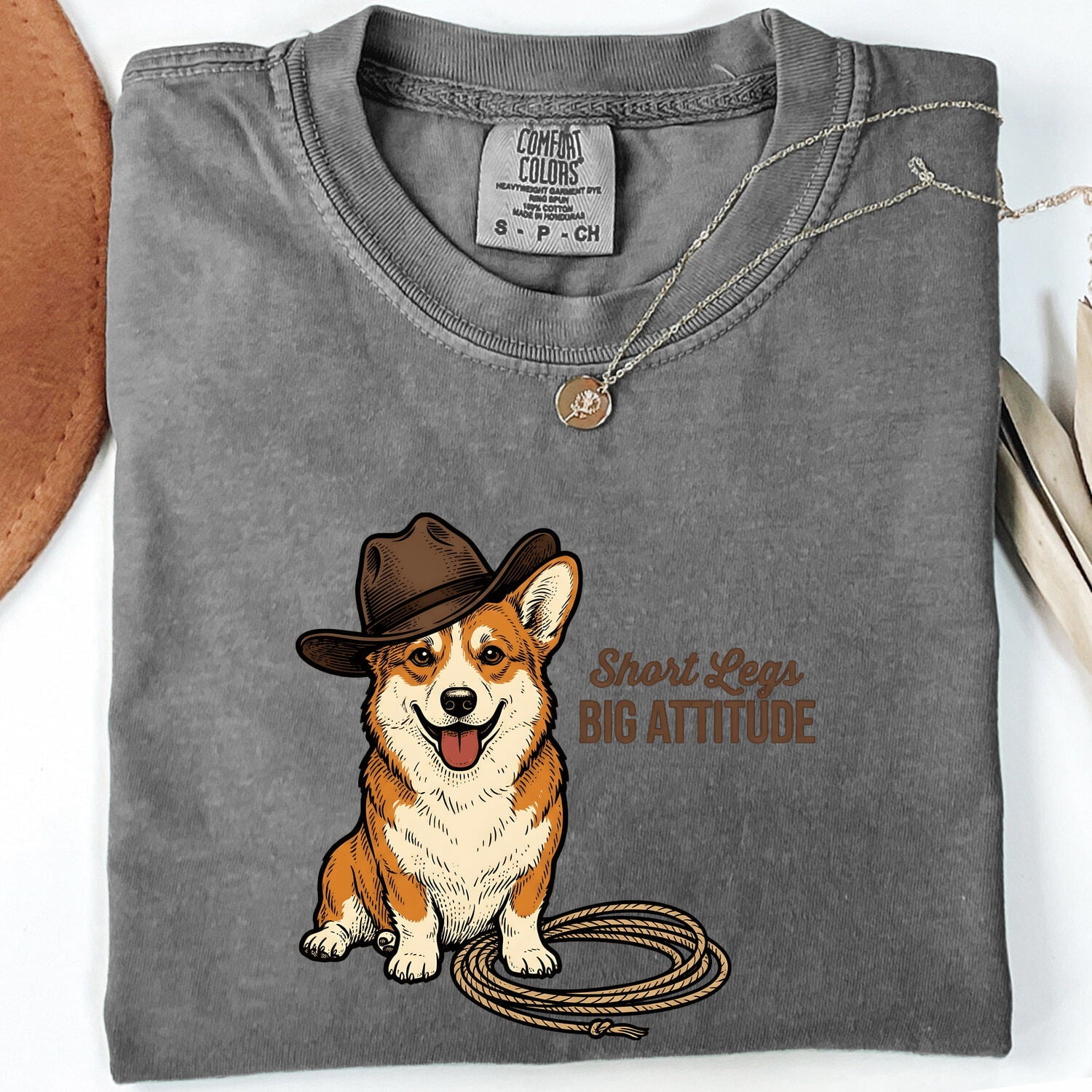 Corgi Shirt for Women – Retro Wild West Cowboy Line Art Coil Pembroke Welsh Graphic Tee