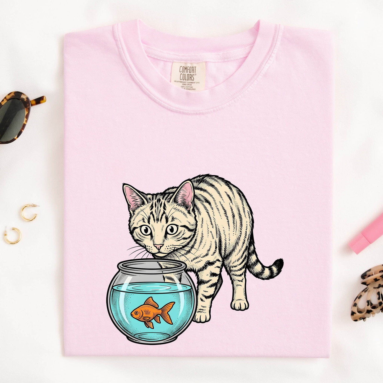 Orange Cat Shirt for Women – Retro Sketch Creature Fish Feline Graphic Tee