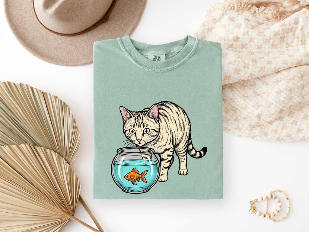 Orange Cat Shirt for Women – Retro Sketch Creature Fish Feline Graphic Tee
