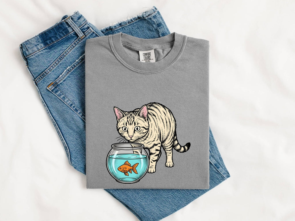 Orange Cat Shirt for Women – Retro Sketch Creature Fish Feline Graphic Tee
