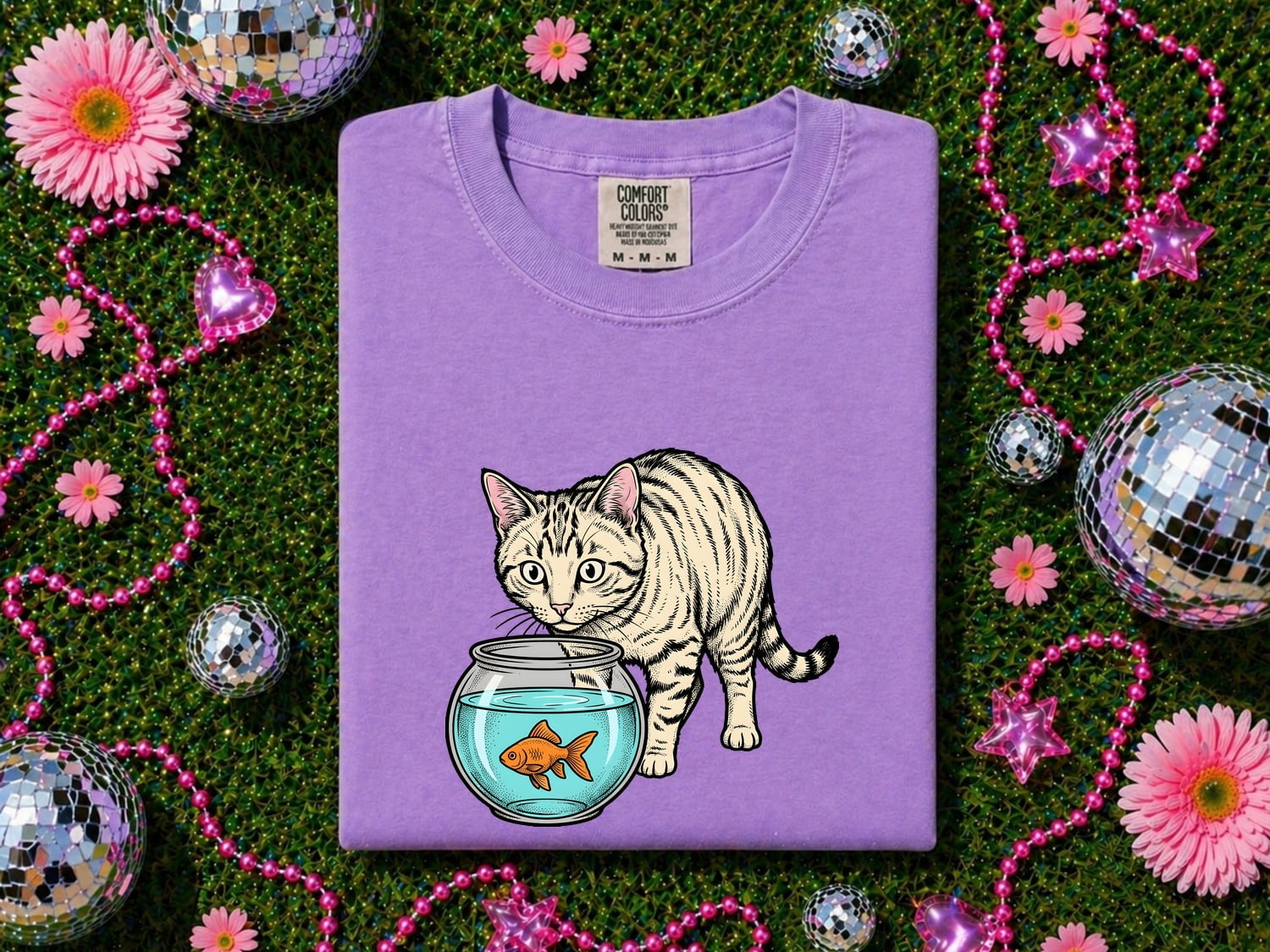 Orange Cat Shirt for Women – Retro Sketch Creature Fish Feline Graphic Tee
