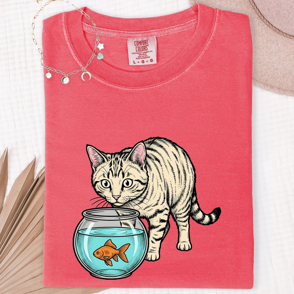 Orange Cat Shirt for Women – Retro Sketch Creature Fish Feline Graphic Tee