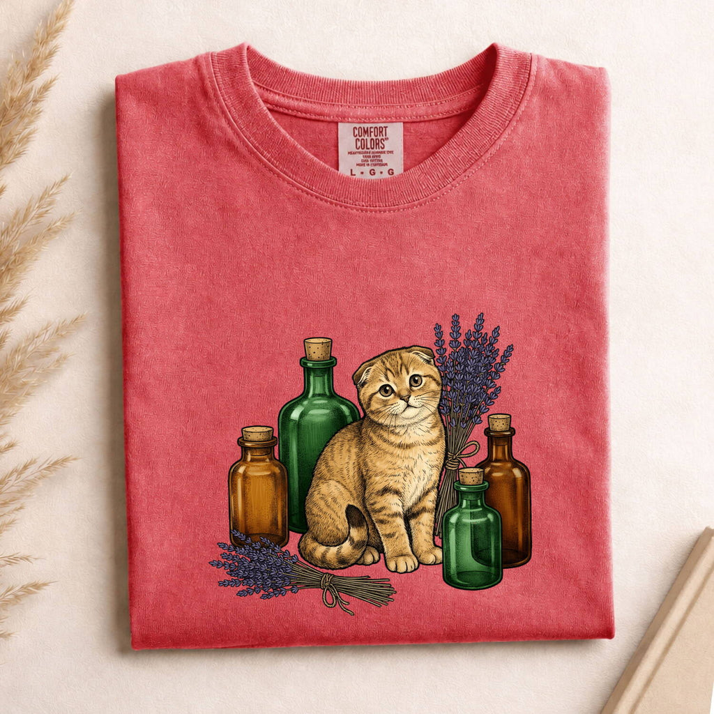 Tabby Cat Shirt for Women – Vintage Botanical Hand Drawn Lavender Floral Kitty Graphic Tee