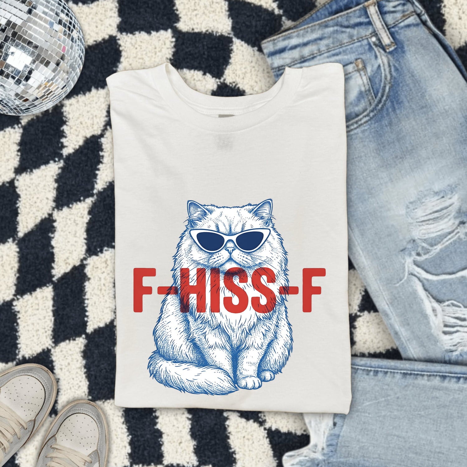 Cat Shades Shirt for Women – Funny Hand Drawn Retro Large Font Sunglasses Graphic Tee