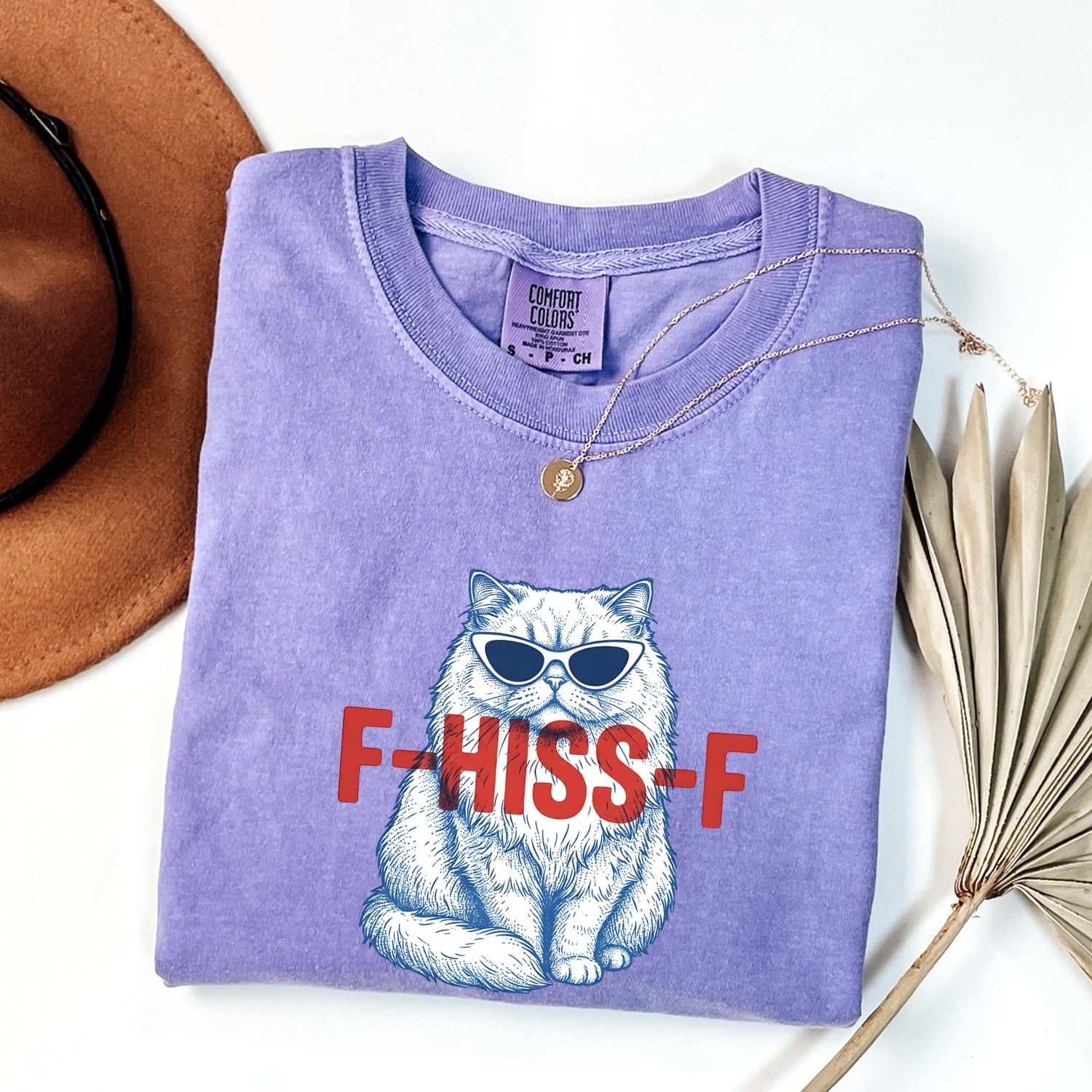 Cat Shades Shirt for Women – Funny Hand Drawn Retro Large Font Sunglasses Graphic Tee