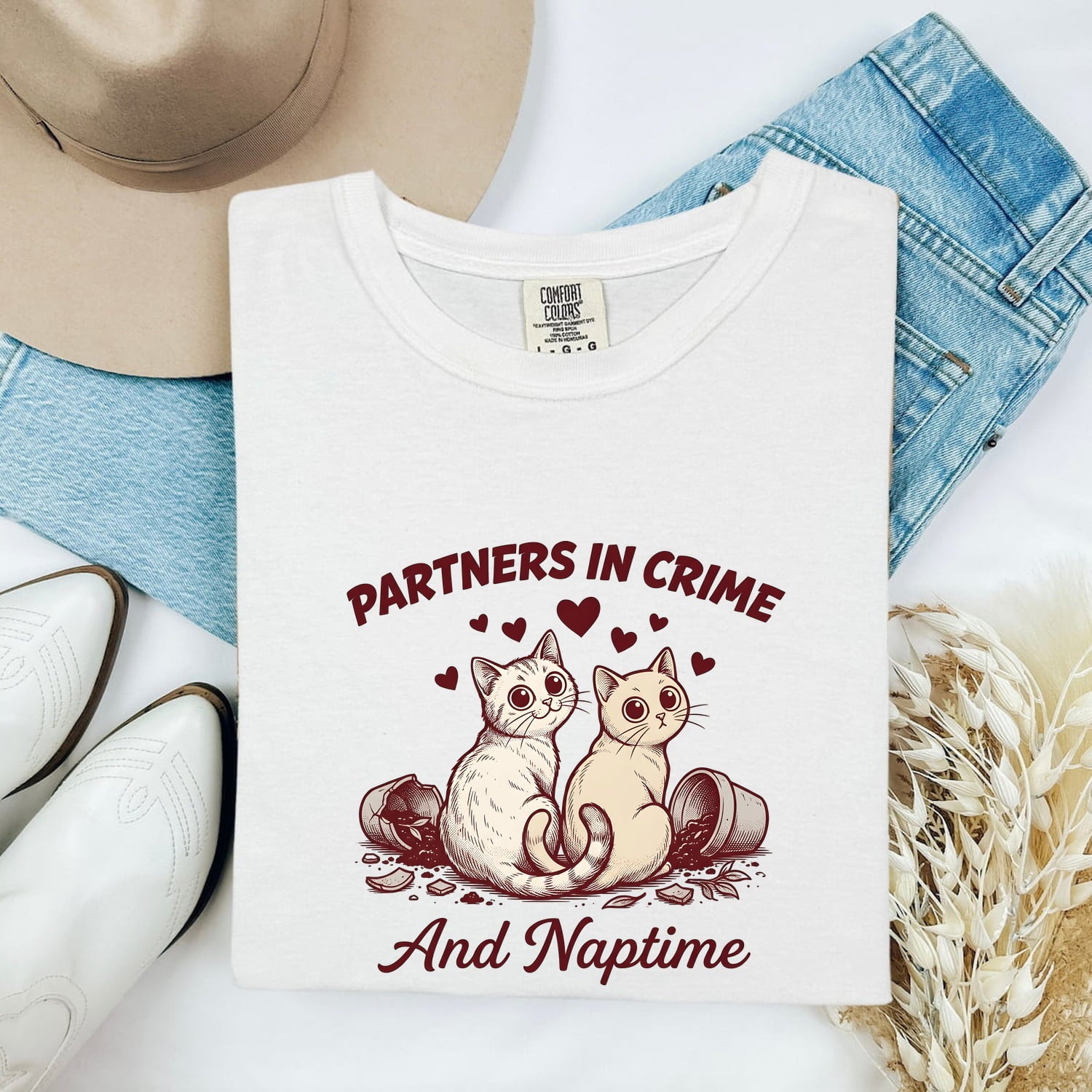 Two Cats Shirt for Women – Retro Sketch Love Hearts Kitten Graphic Tee