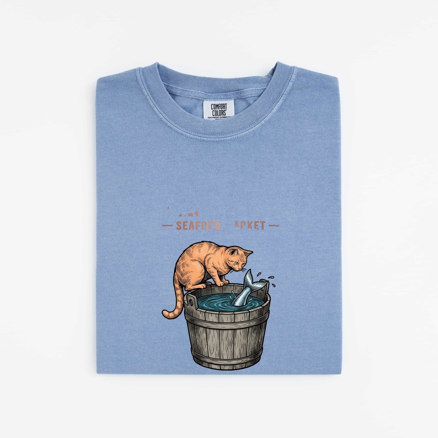 Cat Fish Shirt for Women – Funny Line Art Wooden Tub Feline Graphic Tee