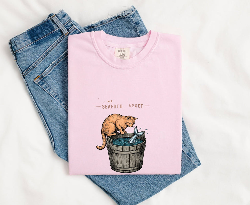 Cat Fish Shirt for Women – Funny Line Art Wooden Tub Feline Graphic Tee
