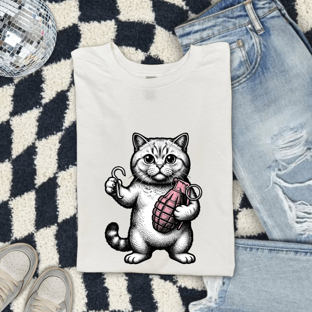 Kitten Shirt for Women – Retro Vintage Humor Sketch Bomb Cartoon Cat Graphic Tee