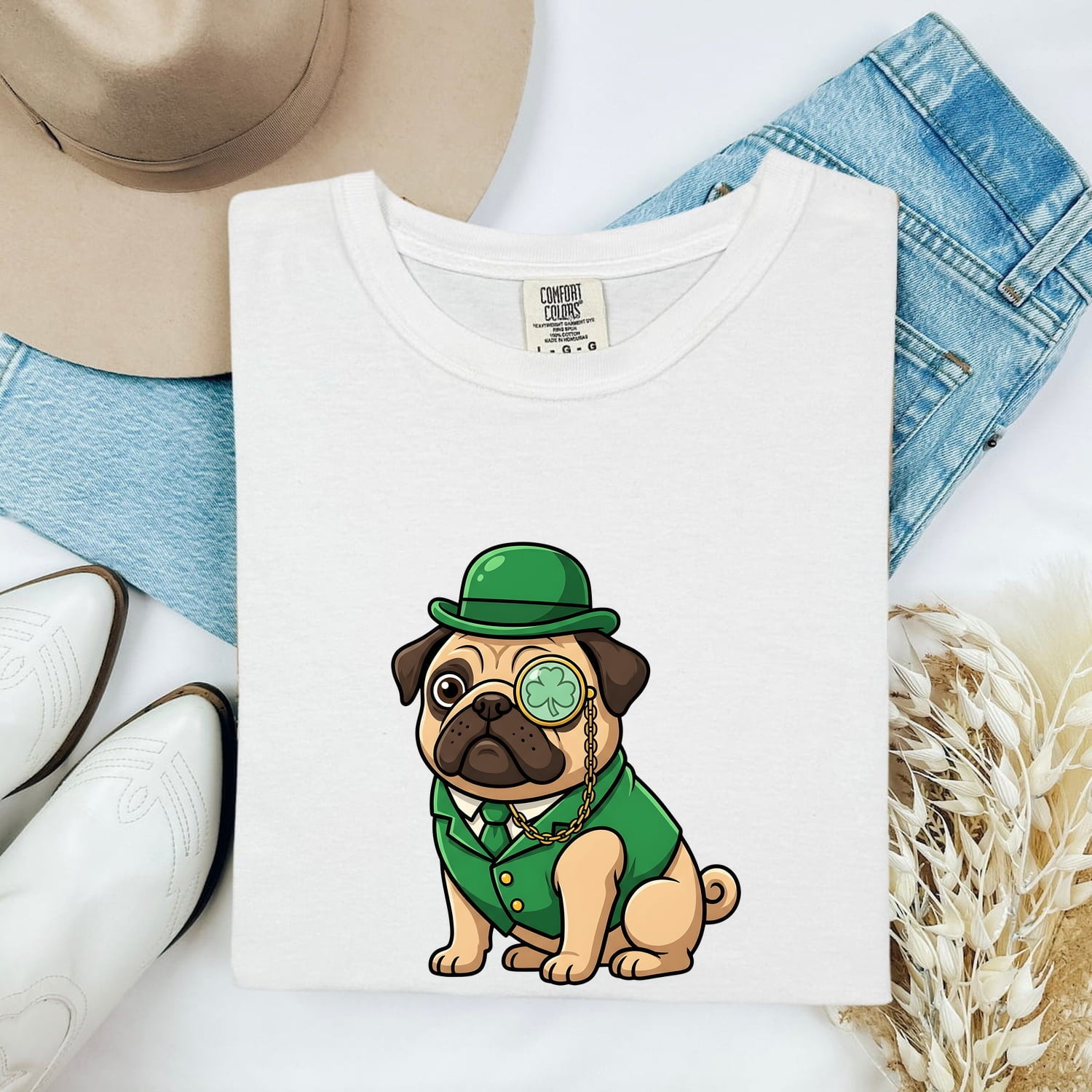 St. Patrick's Day Pug Shirt for Women – Kawaii Cartoon Shamrock Comic Dog Graphic Tee