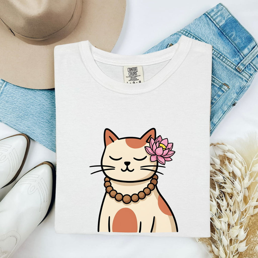 Zen Cat Shirt for Women – Cute Mindfulness Water Lily Meditation Kitten Graphic Tee