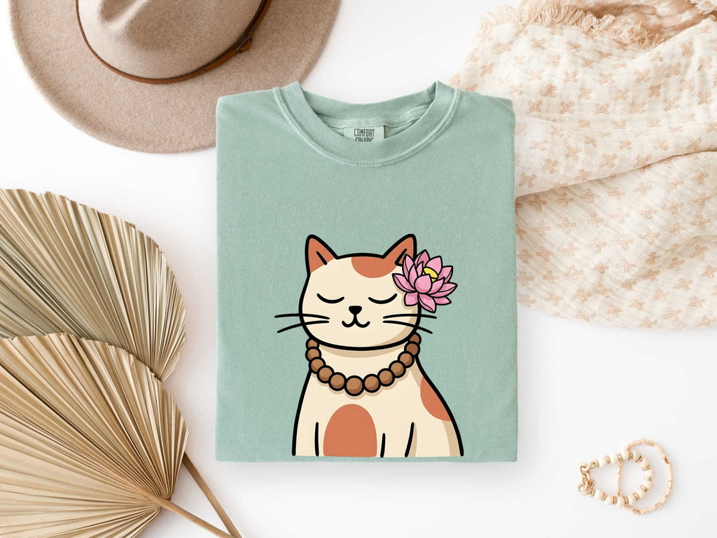 Zen Cat Shirt for Women – Cute Mindfulness Water Lily Meditation Kitten Graphic Tee
