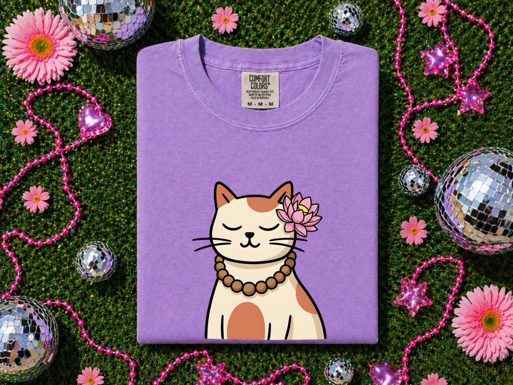 Zen Cat Shirt for Women – Cute Mindfulness Water Lily Meditation Kitten Graphic Tee