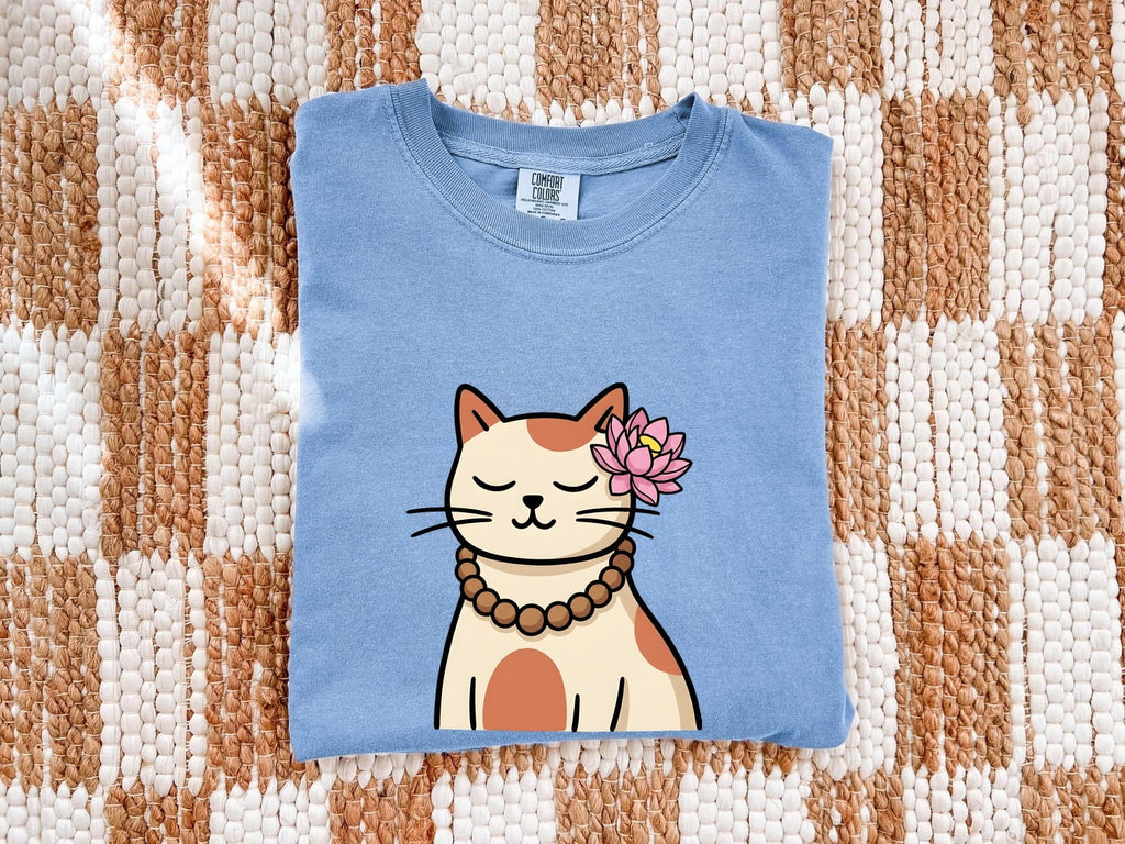 Zen Cat Shirt for Women – Cute Mindfulness Water Lily Meditation Kitten Graphic Tee