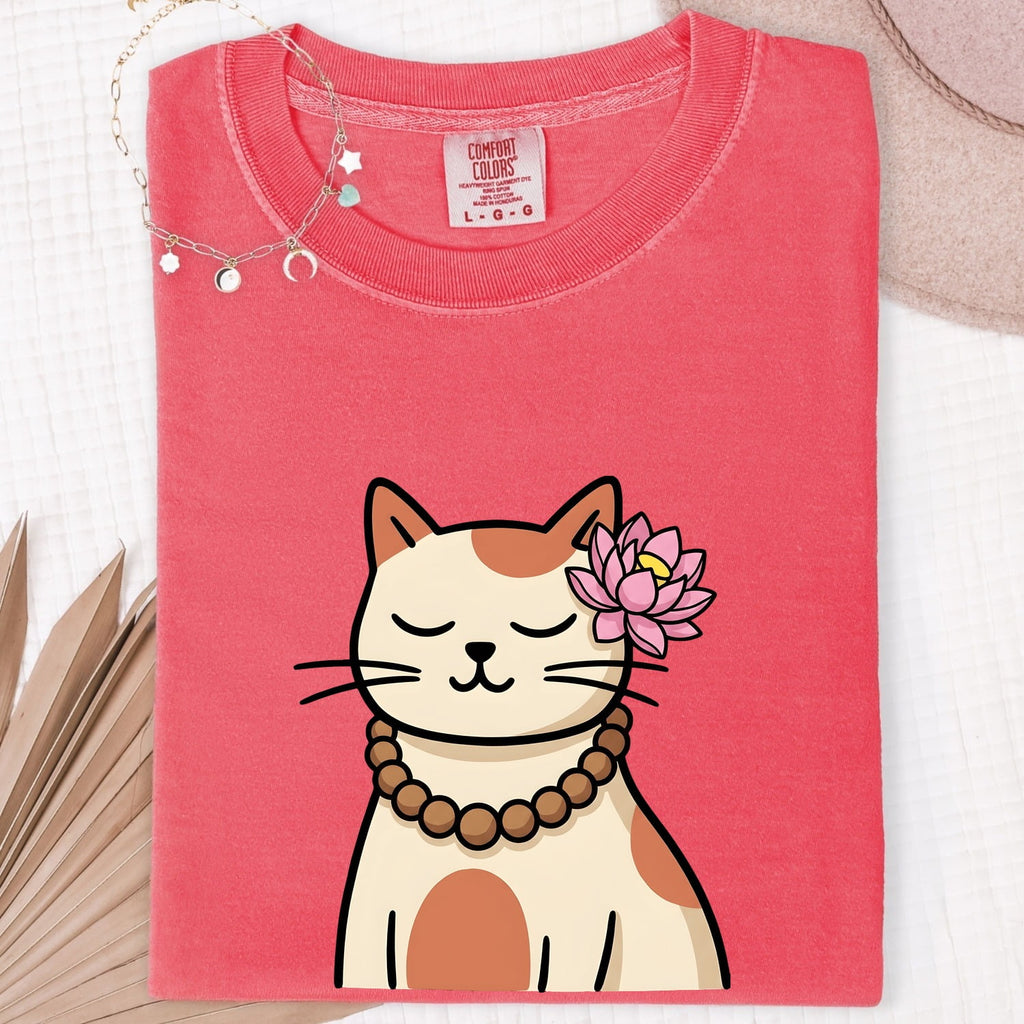 Zen Cat Shirt for Women – Cute Mindfulness Water Lily Meditation Kitten Graphic Tee