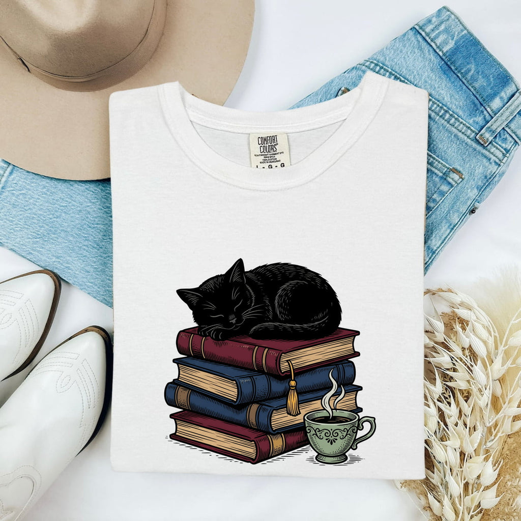 Black Cat Shirt for Women – Literature Line Art Classic Book Stack Graphic Tee