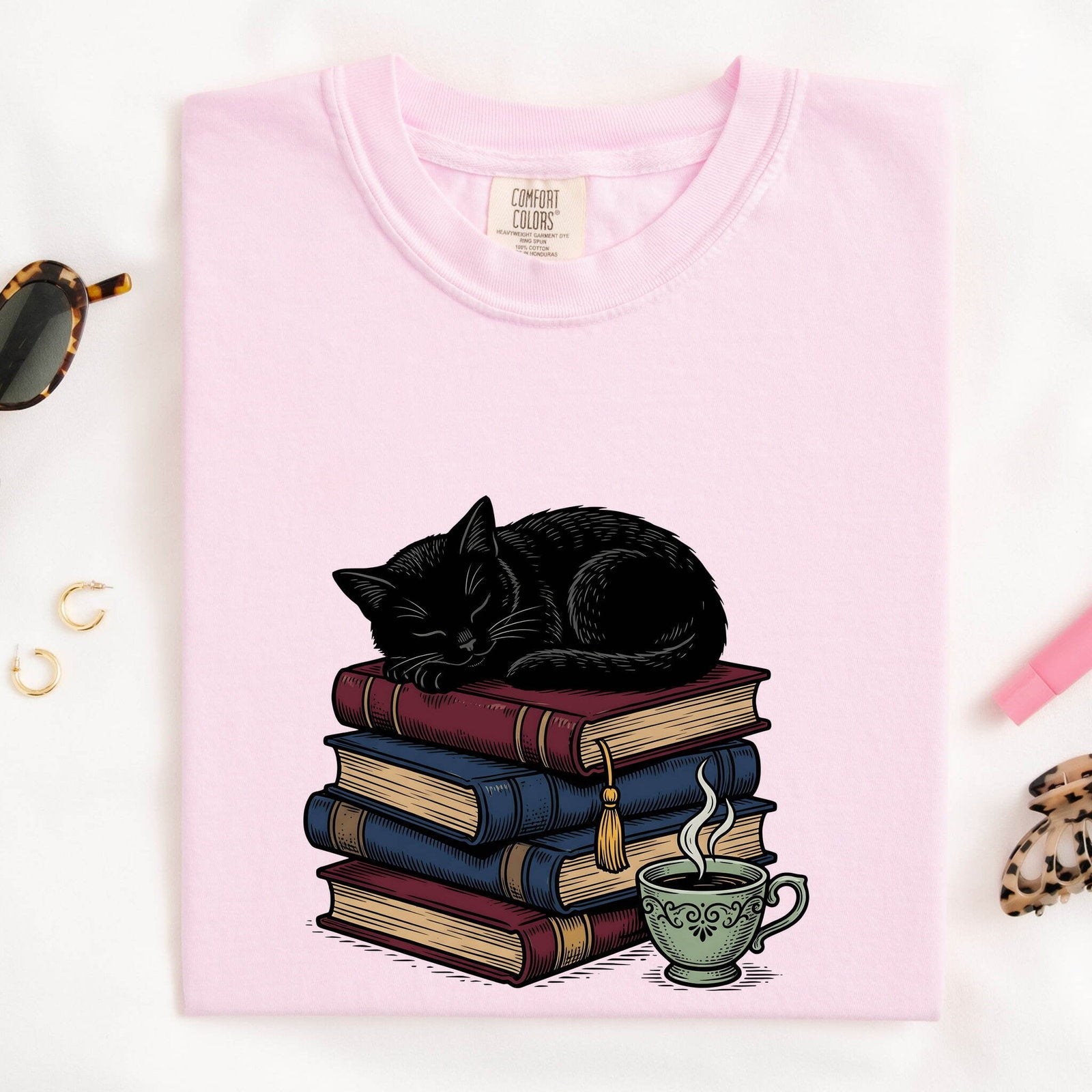 Black Cat Shirt for Women – Literature Line Art Classic Book Stack Graphic Tee