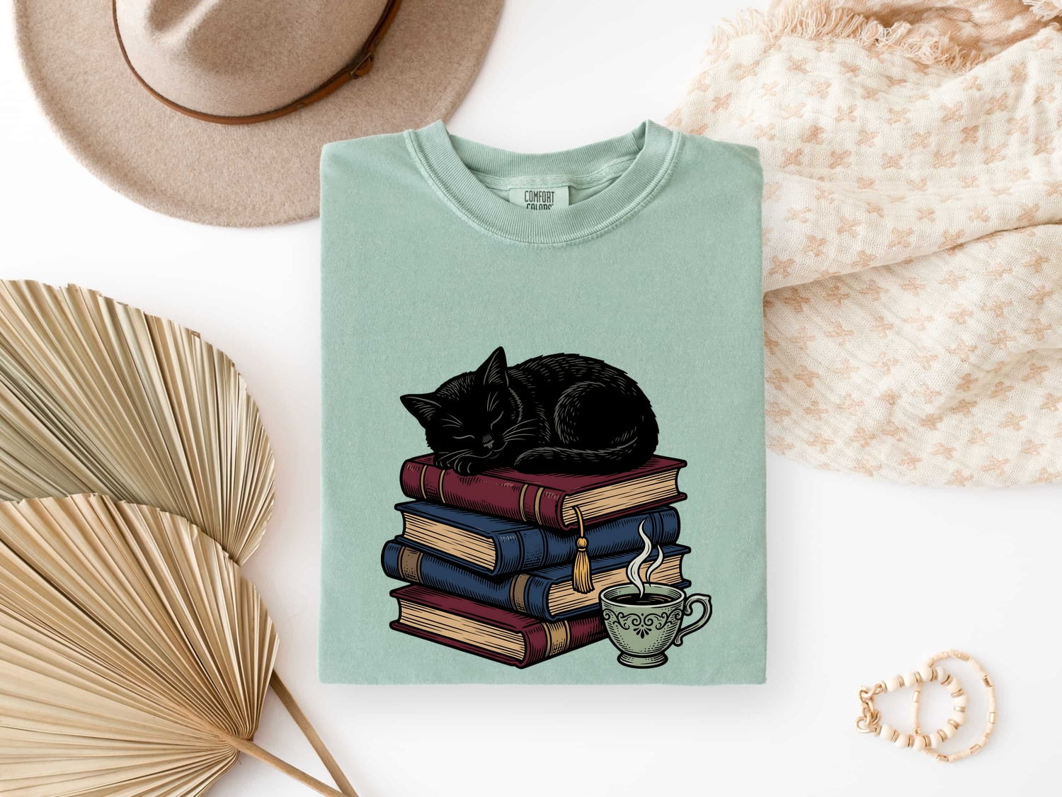 Black Cat Shirt for Women – Literature Line Art Classic Book Stack Graphic Tee