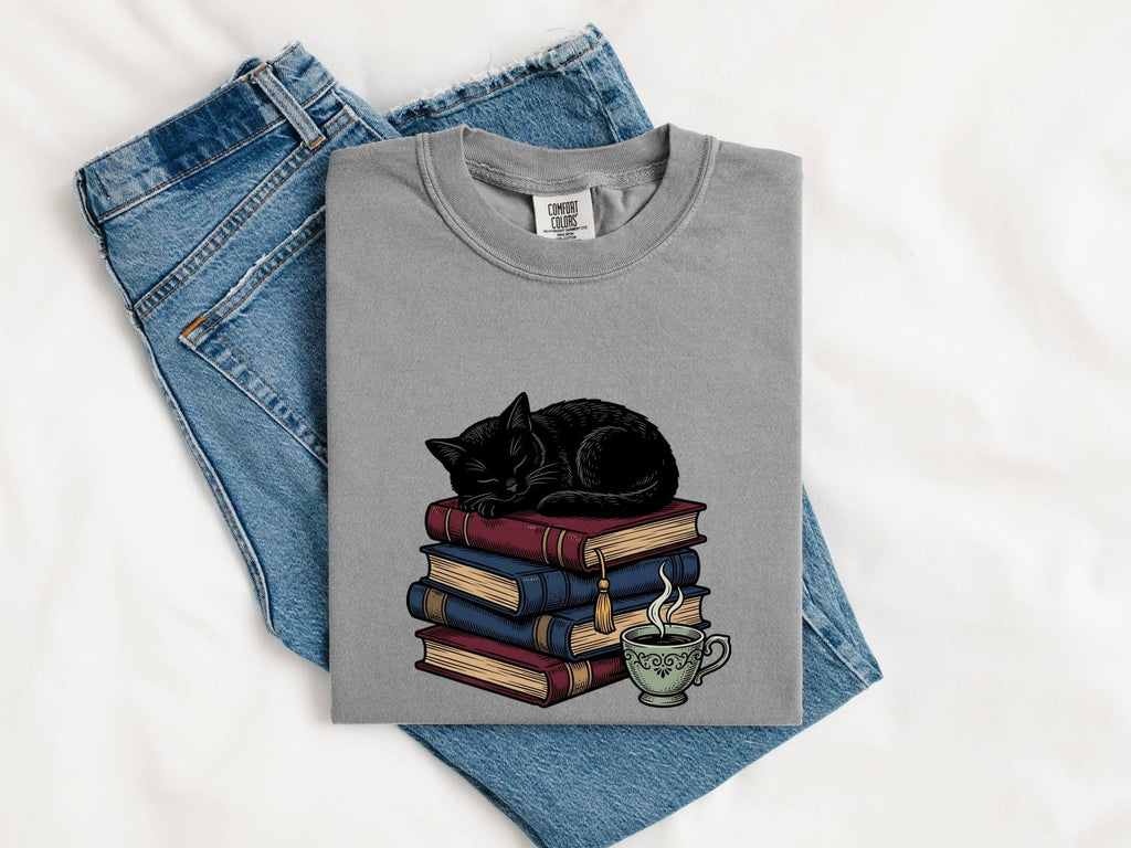 Black Cat Shirt for Women – Literature Line Art Classic Book Stack Graphic Tee