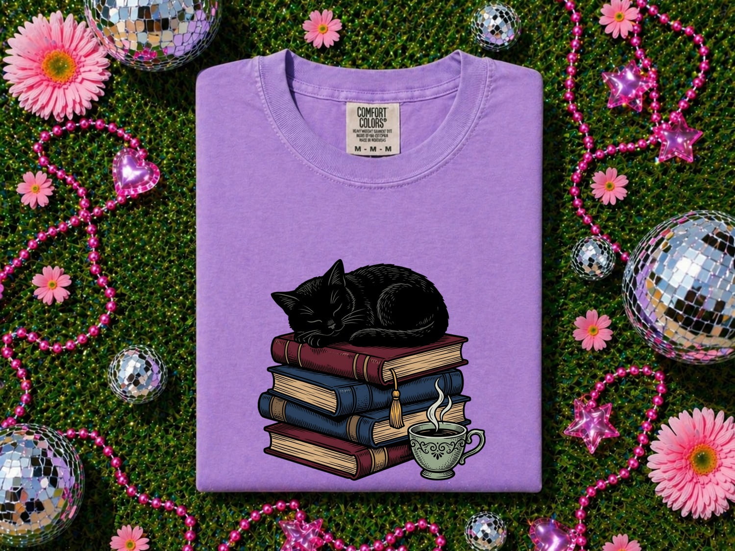 Black Cat Shirt for Women – Literature Line Art Classic Book Stack Graphic Tee