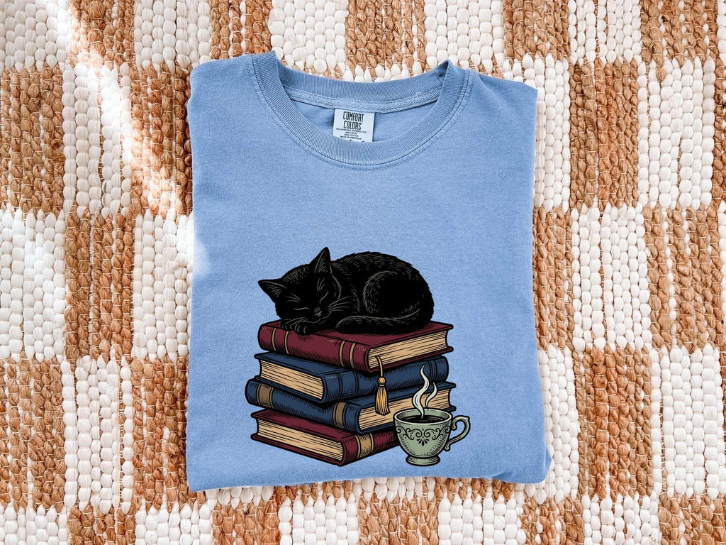 Black Cat Shirt for Women – Literature Line Art Classic Book Stack Graphic Tee