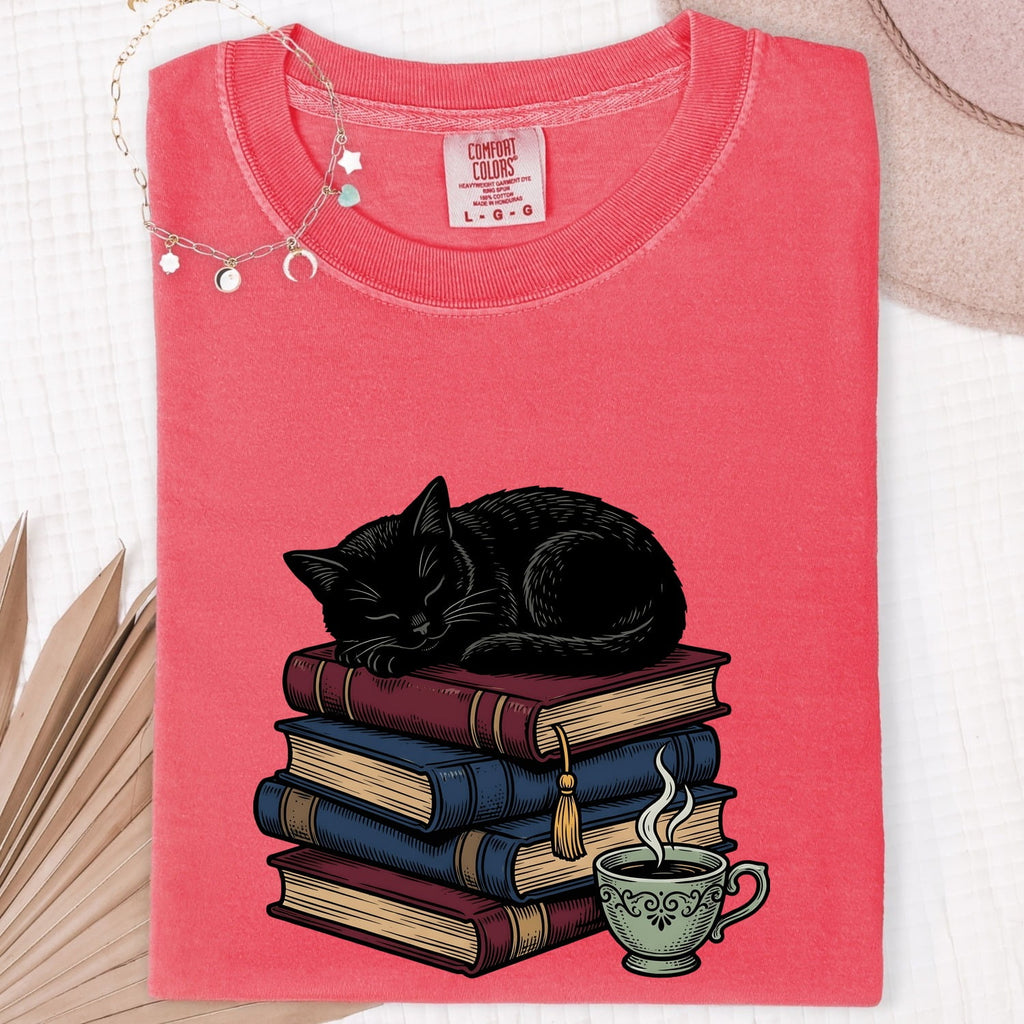 Black Cat Shirt for Women – Literature Line Art Classic Book Stack Graphic Tee