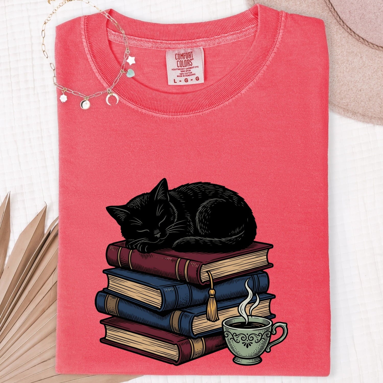 Black Cat Shirt for Women – Literature Line Art Classic Book Stack Graphic Tee