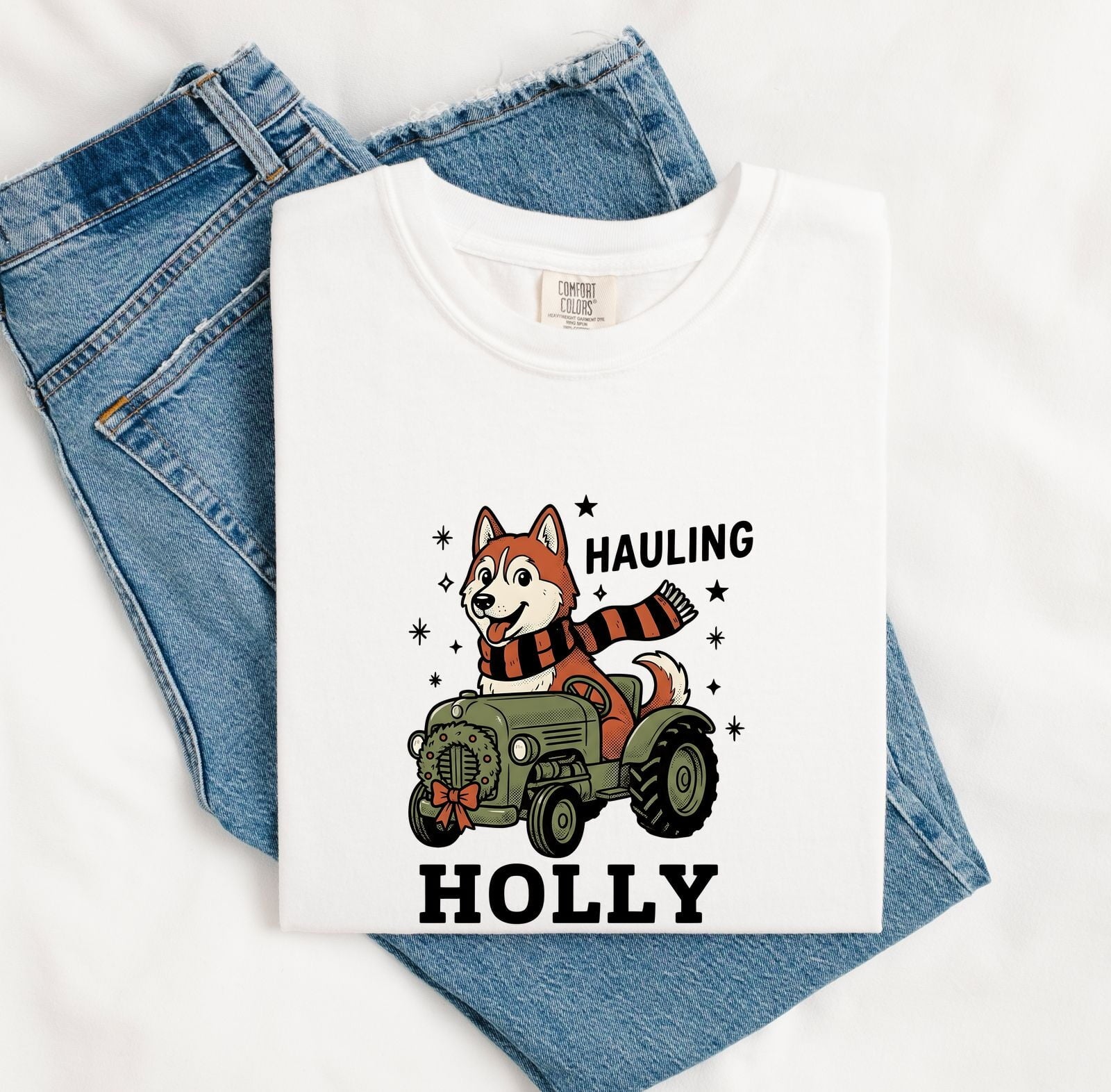 Christmas Husky Shirt for Women – Kawaii Tractor Classic Wreath Dog Graphic Tee