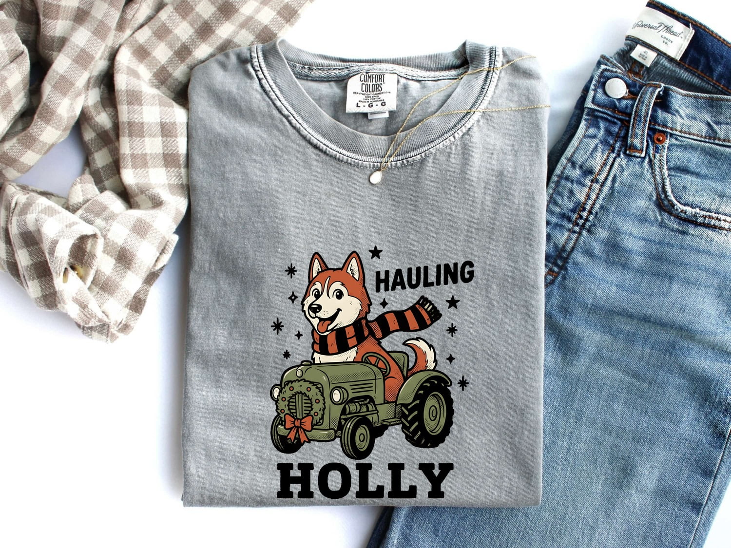 Christmas Husky Shirt for Women – Kawaii Tractor Classic Wreath Dog Graphic Tee