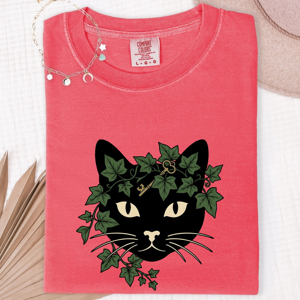 Black Cat Shirt for Women – Eco Leaf Art Foliage Ivy Sketch Graphic Tee