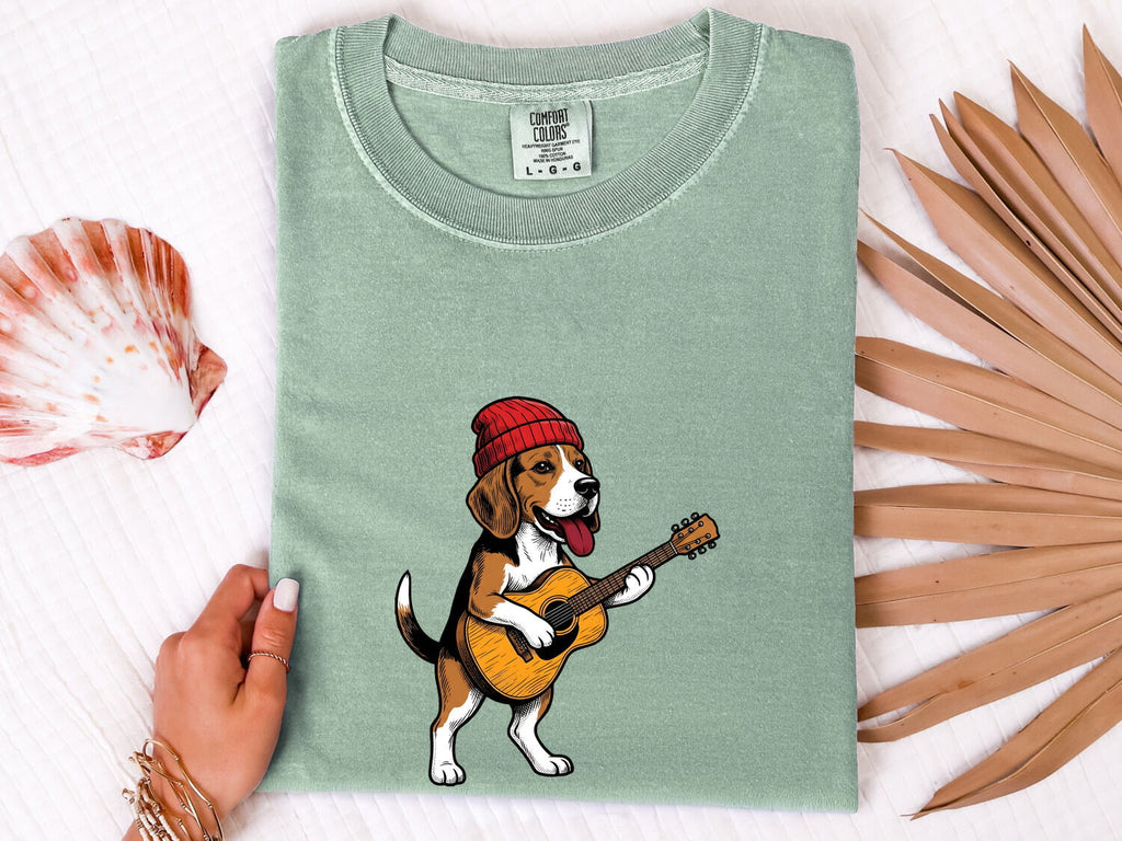 Beagle Shirt for Women – Funny Animated Guitar Classic Cap Cartoon Dog Graphic Tee