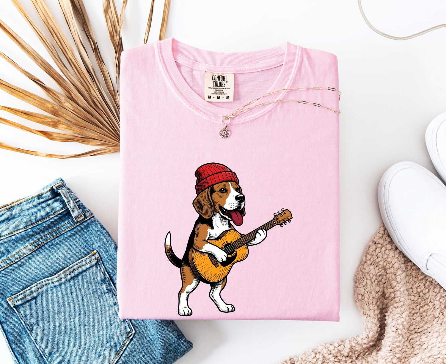 Beagle Shirt for Women – Funny Animated Guitar Classic Cap Cartoon Dog Graphic Tee