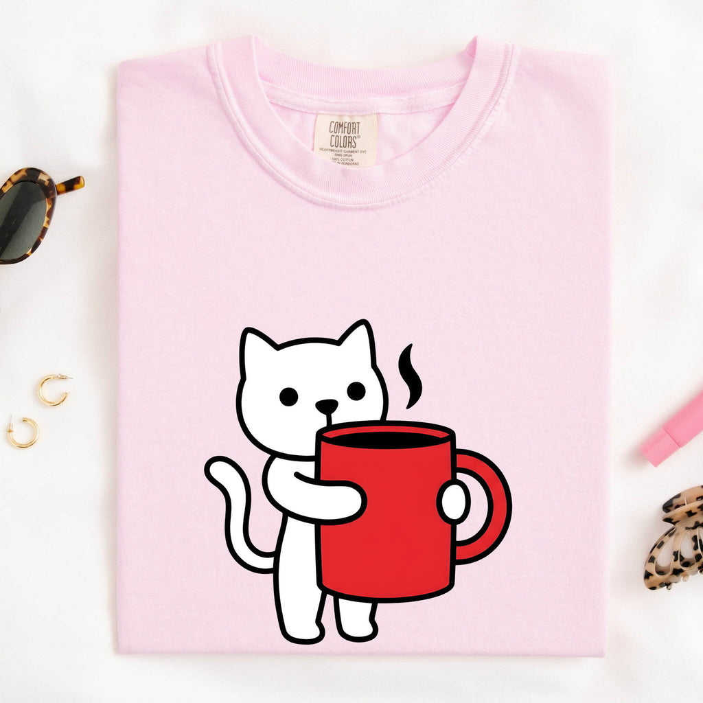 Cat Coffee Cup Shirt for Women – Kawaii Minimalist Mug Feline Graphic Tee