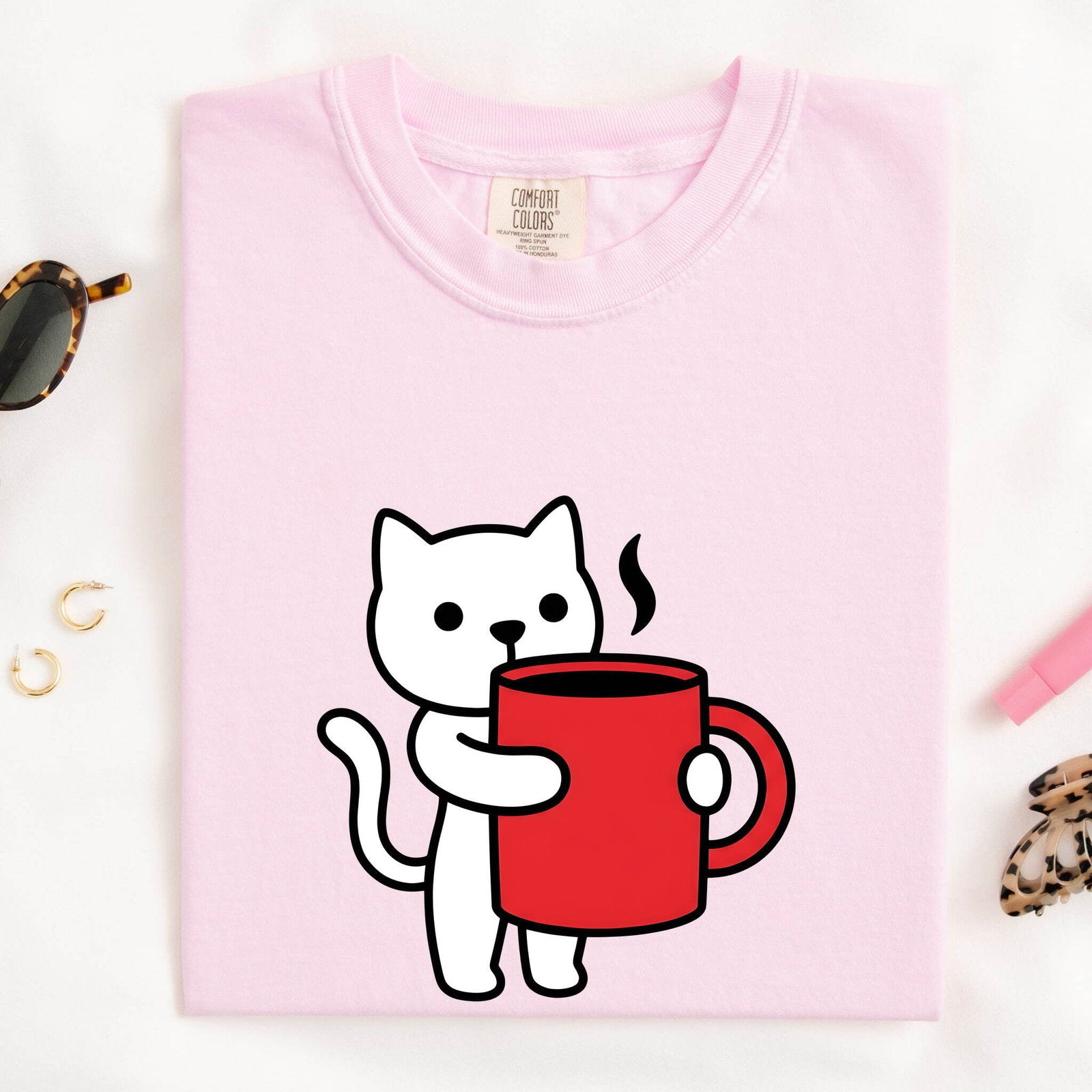 Cat Coffee Cup Shirt for Women – Kawaii Minimalist Mug Feline Graphic Tee