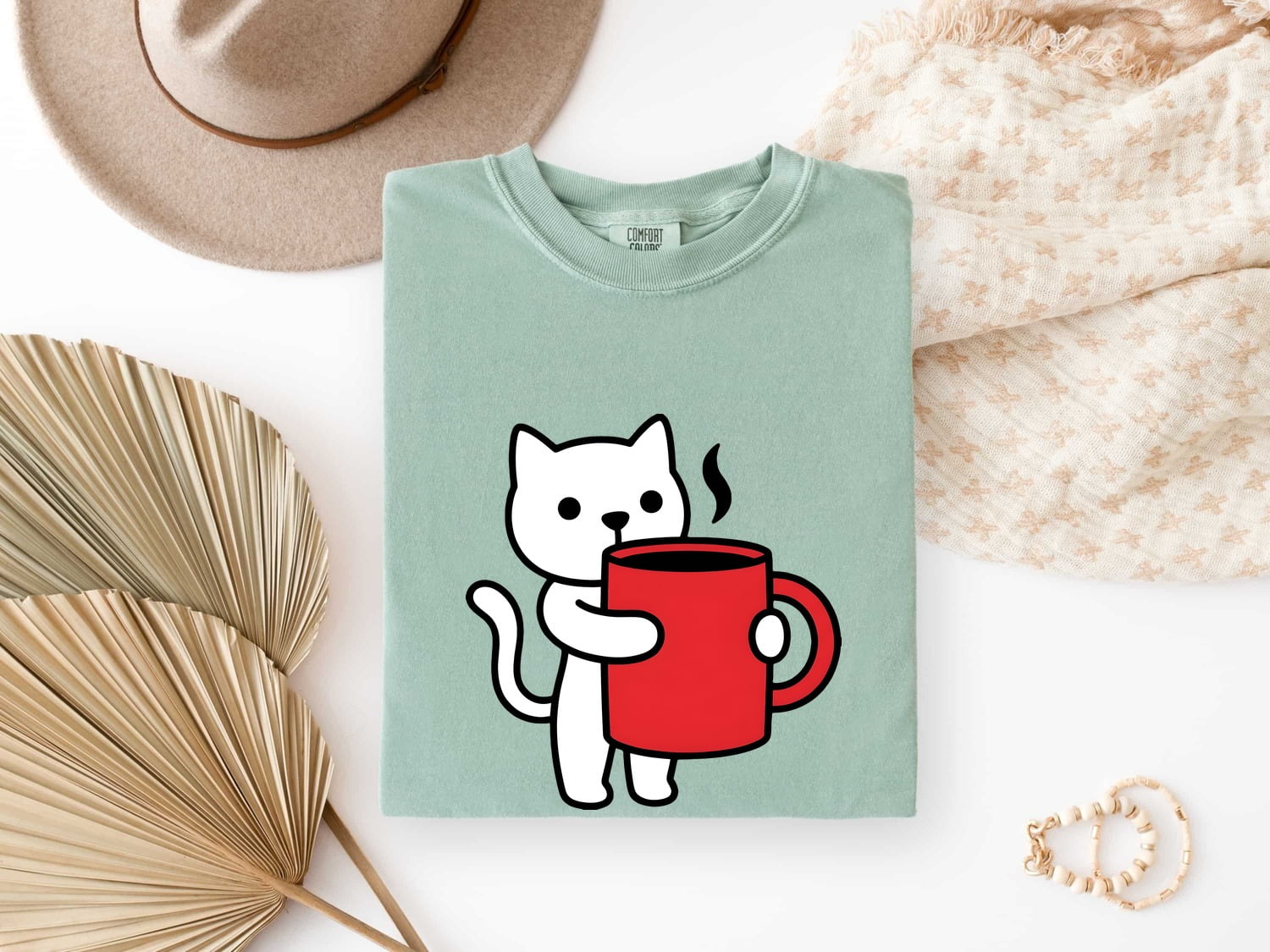 Cat Coffee Cup Shirt for Women – Kawaii Minimalist Mug Feline Graphic Tee