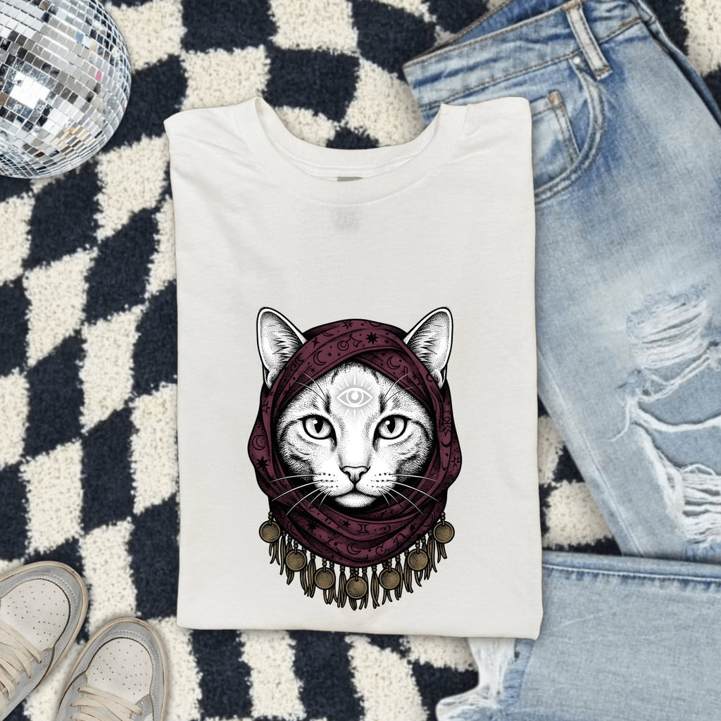 Magical Cat Shirt for Women – Boho Retro Moon Metaphysical Kitten Graphic Tee