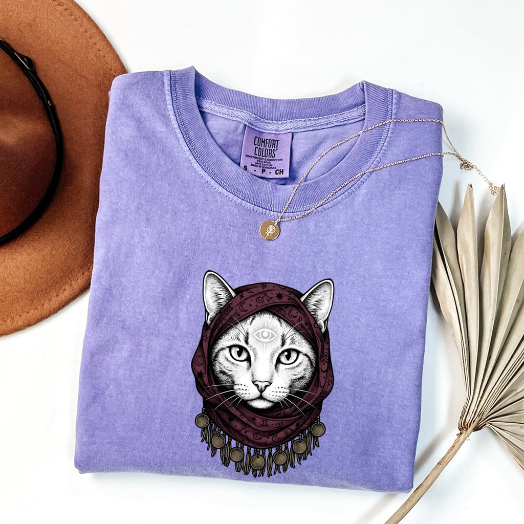 Magical Cat Shirt for Women – Boho Retro Moon Metaphysical Kitten Graphic Tee