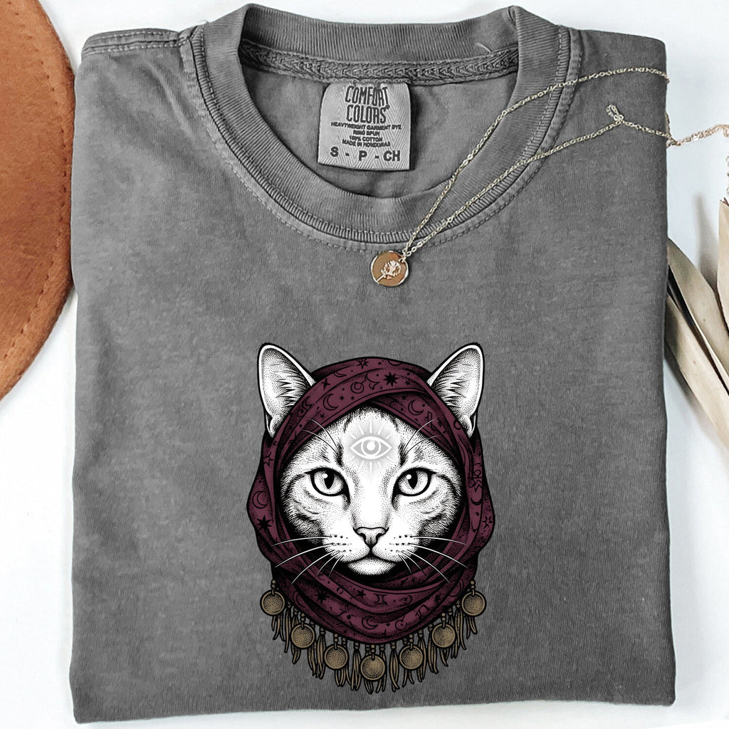 Magical Cat Shirt for Women – Boho Retro Moon Metaphysical Kitten Graphic Tee