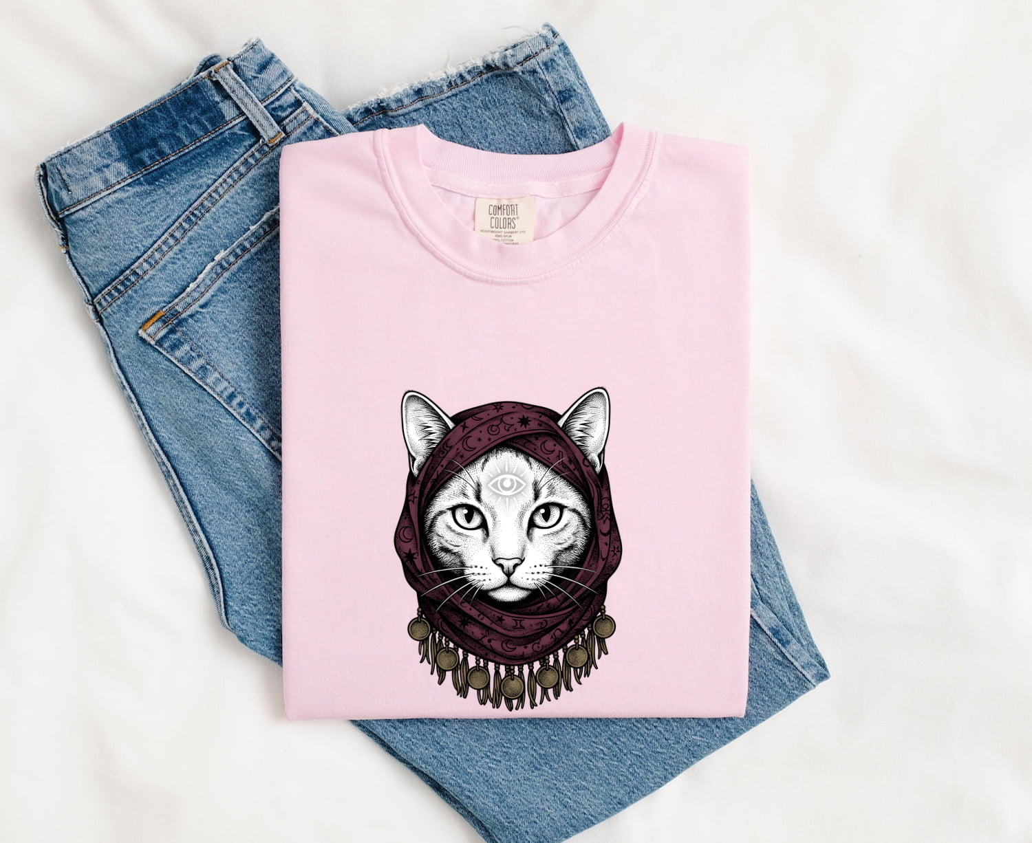 Magical Cat Shirt for Women – Boho Retro Moon Metaphysical Kitten Graphic Tee