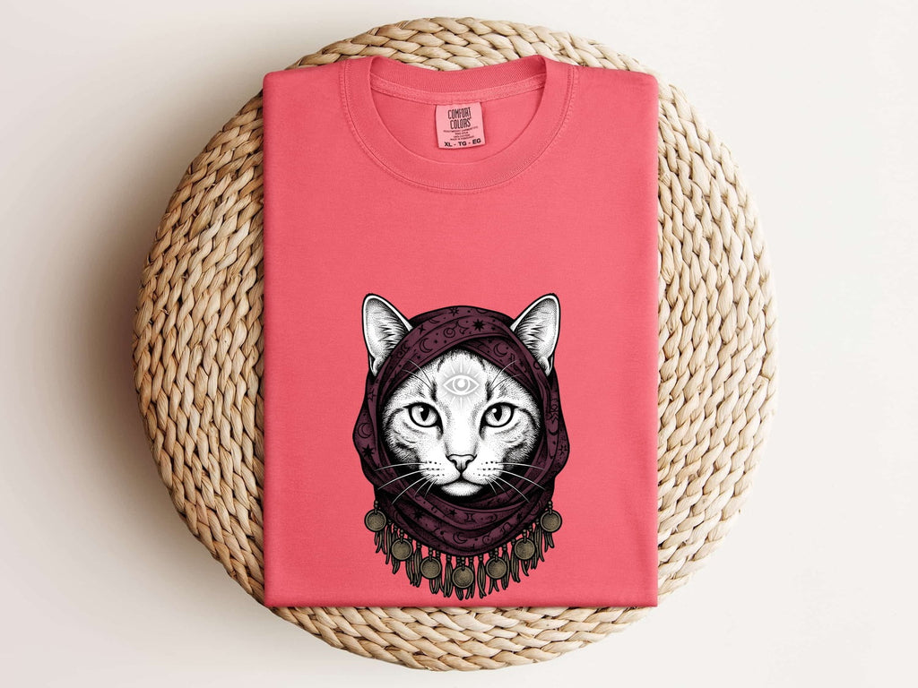 Magical Cat Shirt for Women – Boho Retro Moon Metaphysical Kitten Graphic Tee