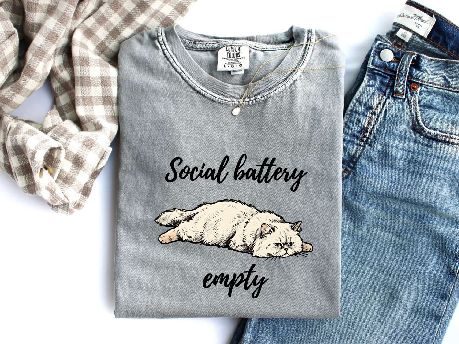 Furry Cat Shirt for Women – Funny Line Art Classic Relaxed Pose Kitten Graphic Tee