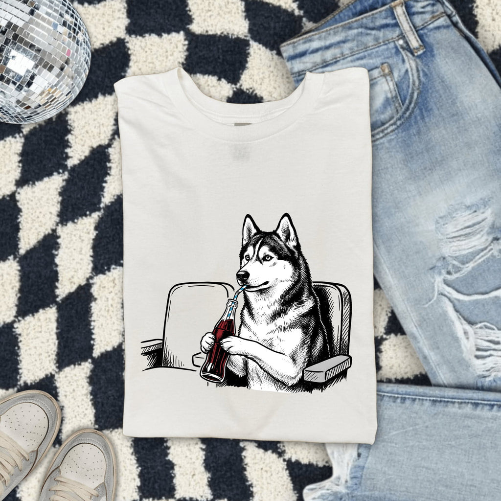Sled Dog Shirt for Women – Funny Minimalist Husky Fizzy Drink Cartoon Graphic Tee